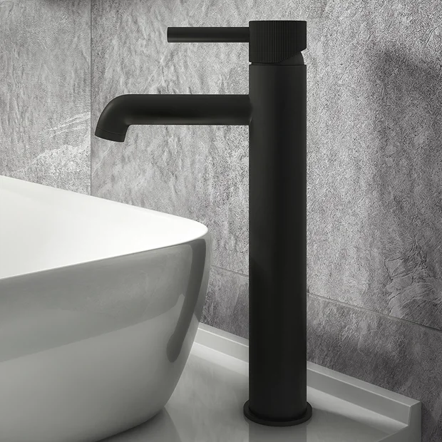 Arezzo Fluted Round Matt Black High Rise Mono Basin Mixer Tap 2 Arezzo Fluted Round Matt Black High Rise Mono Basin Mixer Tap - Image 2
