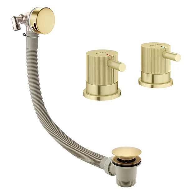 Arezzo Fluted Brushed Brass Deck Bath Side Valves With Freeflow Bath Filler 2 Arezzo Fluted Brushed Brass Deck Bath Side Valves With Freeflow Bath Filler - Image 2