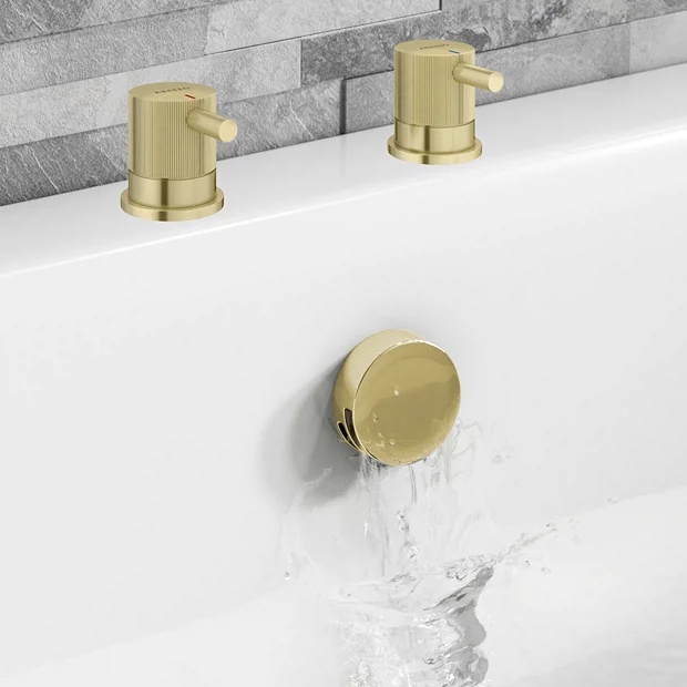 Arezzo Fluted Brushed Brass Deck Bath Side Valves With Freeflow Bath Filler 3 Arezzo Fluted Brushed Brass Deck Bath Side Valves With Freeflow Bath Filler - Image 3