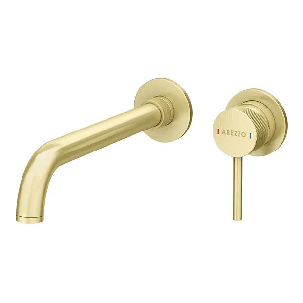 Arezzo Fluted Round Brushed Brass Wall Mounted (2TH) Basin Mixer Tap 2 Arezzo Fluted Round Brushed Brass Wall Mounted (2TH) Basin Mixer Tap - Image 2