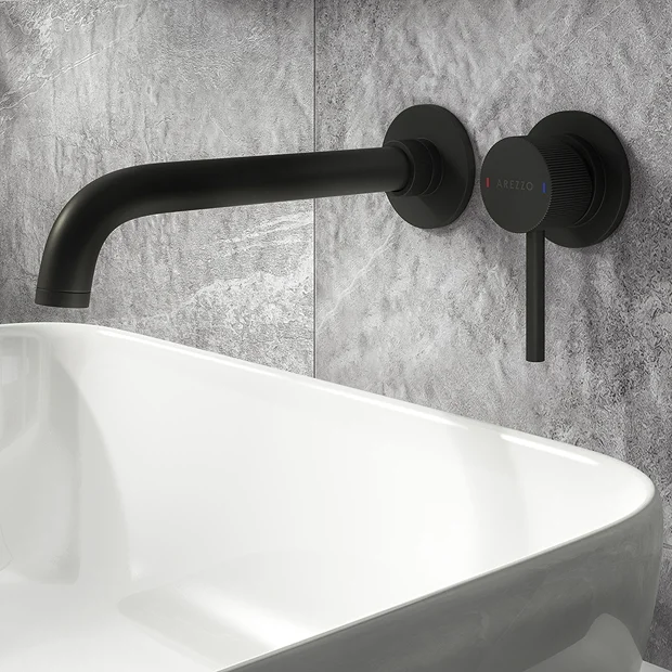 Arezzo Fluted Round Matt Black Wall Mounted (2TH) Basin Mixer Tap 2 Arezzo Fluted Round Matt Black Wall Mounted (2TH) Basin Mixer Tap - Image 2