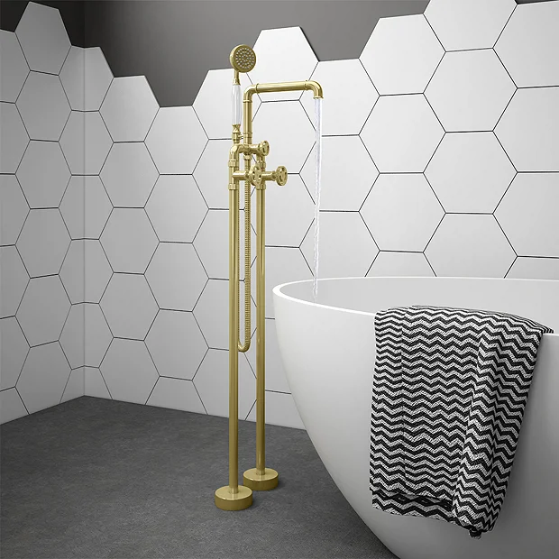 Arezzo Brushed Brass Industrial Style Freestanding Bath Shower Mixer Tap 2 Arezzo Brushed Brass Industrial Style Freestanding Bath Shower Mixer Tap - Image 2