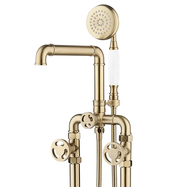 Arezzo Brushed Brass Industrial Style Freestanding Bath Shower Mixer Tap 6 Arezzo Brushed Brass Industrial Style Freestanding Bath Shower Mixer Tap - Image 6