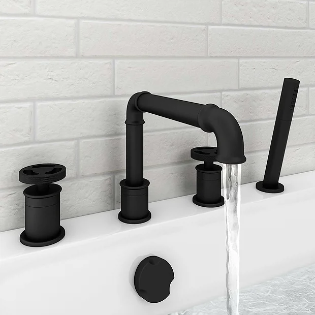 Arezzo Matt Black 4TH Industrial Style Deck Mounted Bath Shower Mixer Inc. Pull Out Handset 2 Arezzo Matt Black 4TH Industrial Style Deck Mounted Bath Shower Mixer Inc. Pull Out Handset - Image 2