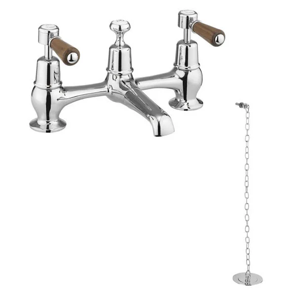 Burlington Kensington Walnut 2TH Bridge Basin Mixer With Plug & Chain 1 Burlington Kensington Walnut 2TH Bridge Basin Mixer With Plug & Chain