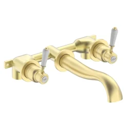 Lancaster Traditional Brushed Brass Wall Mounted Lever Basin Mixer Tap