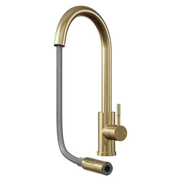 Venice Brushed Brass Kitchen Sink Mixer With Pull-Out Hose And Spray Head 1 Venice Brushed Brass Kitchen Sink Mixer With Pull-Out Hose And Spray Head