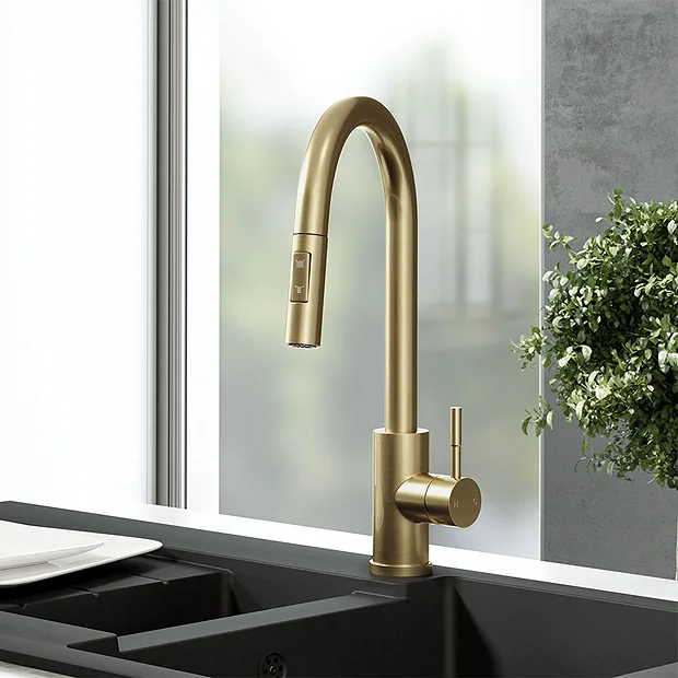 Venice Brushed Brass Kitchen Sink Mixer With Pull-Out Hose And Spray Head 2 Venice Brushed Brass Kitchen Sink Mixer With Pull-Out Hose And Spray Head - Image 2